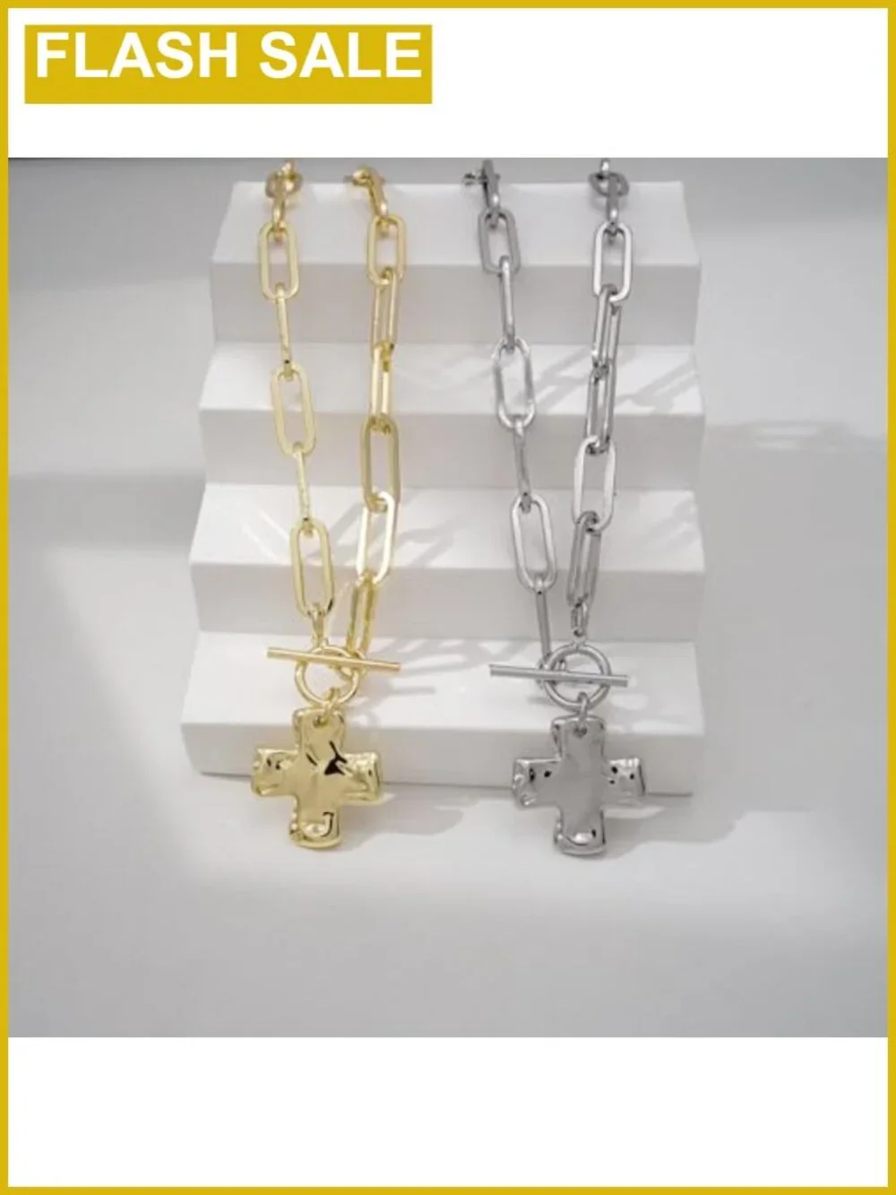 Chunky Cross Necklace 14K Gold Plated Herringbone Snake Chain Layering Set